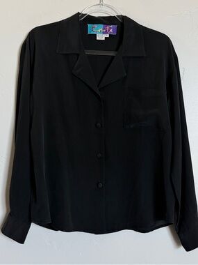 Vintage Black 100% Silk Button-Up Blouse Classic Feminine Top